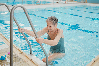 Buy stock photo Relax, summer and health with old woman in swimming pool for training, cardio and exercise. Wellness, retirement and happy with senior citizen leaving water after workout, fitness and aquatic therapy