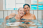 Swimming pool and senior women in portrait for holiday summer, vacation or retirement celebration together with love, hug and happy. Diversity elderly or old woman friends swimming in water pool