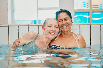 Buy stock photo Swimming pool and senior women in portrait for holiday summer, vacation and having fun together with love, hug and happy retirement. Diversity elderly or old woman friends swimming in water pool