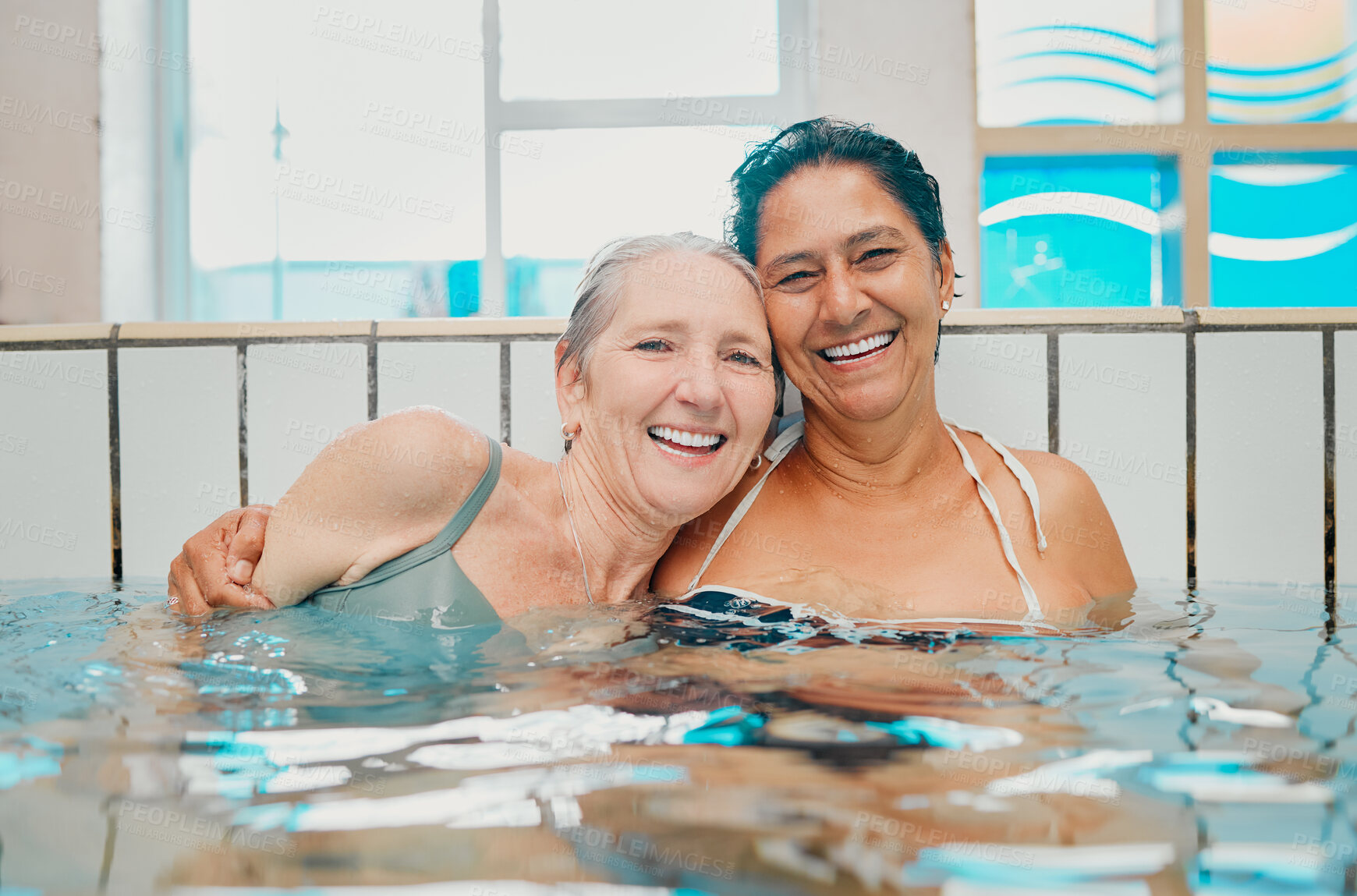 Buy stock photo Swimming pool and senior women in portrait for holiday summer, vacation and having fun together with love, hug and happy retirement. Diversity elderly or old woman friends swimming in water pool