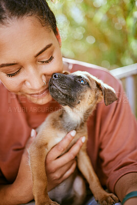 Buy stock photo Love, care and pet dog with black woman in garden for bond, affection and happiness together. Wellness, calm and healthy adoption puppy bonding embrace with happy girl owner in backyard.