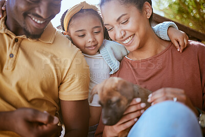 Buy stock photo Black family dog, child and parents with pet, new puppy or black people play with happy family animal. Love support, happiness and owner pet care from kid girl, father and mother in outdoor backyard