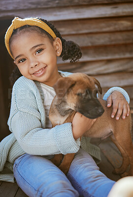 Buy stock photo Pet, love and portrait of girl with dog smiling, happy and having fun playing with animal. Care, happiness and young african american child holding puppy enjoying summer, weekend and outdoors