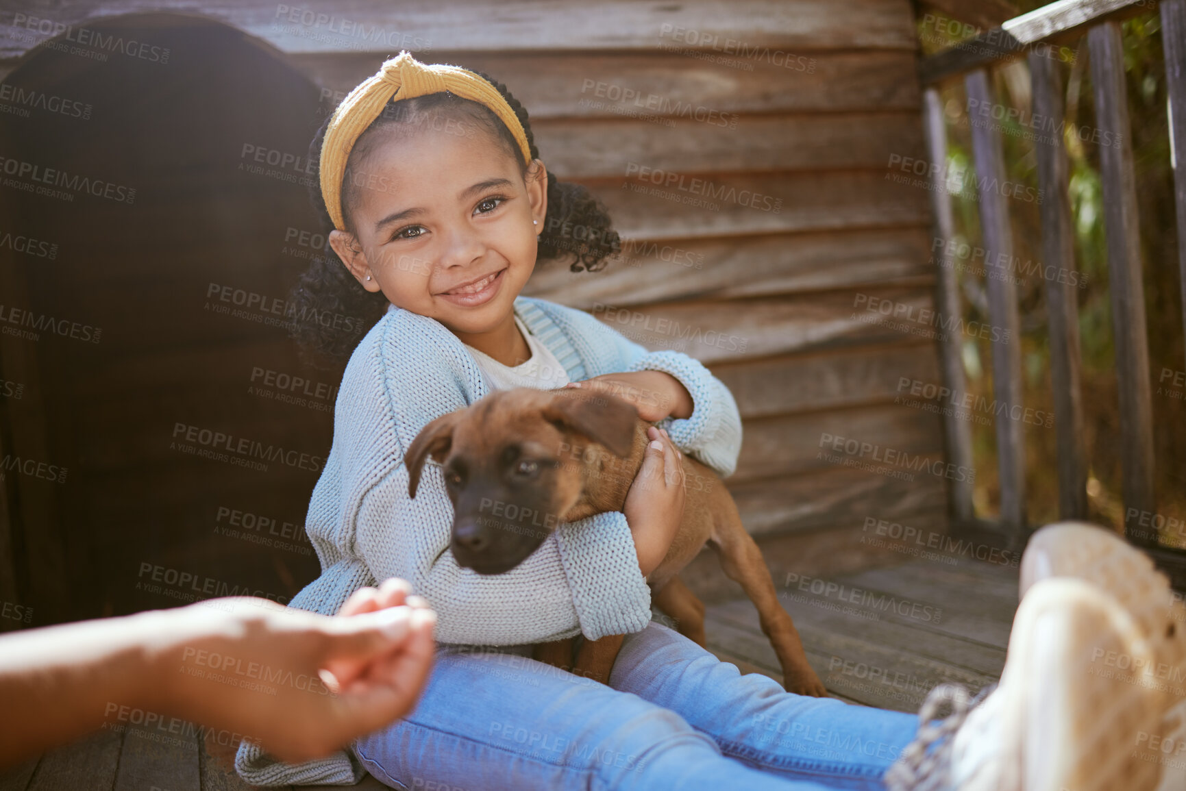 Buy stock photo Portrait of girl child with puppy, happy outside and excited while hugging dog outside. Love, growth and development for children with pet in home, fun learning care and responsibility while playing.