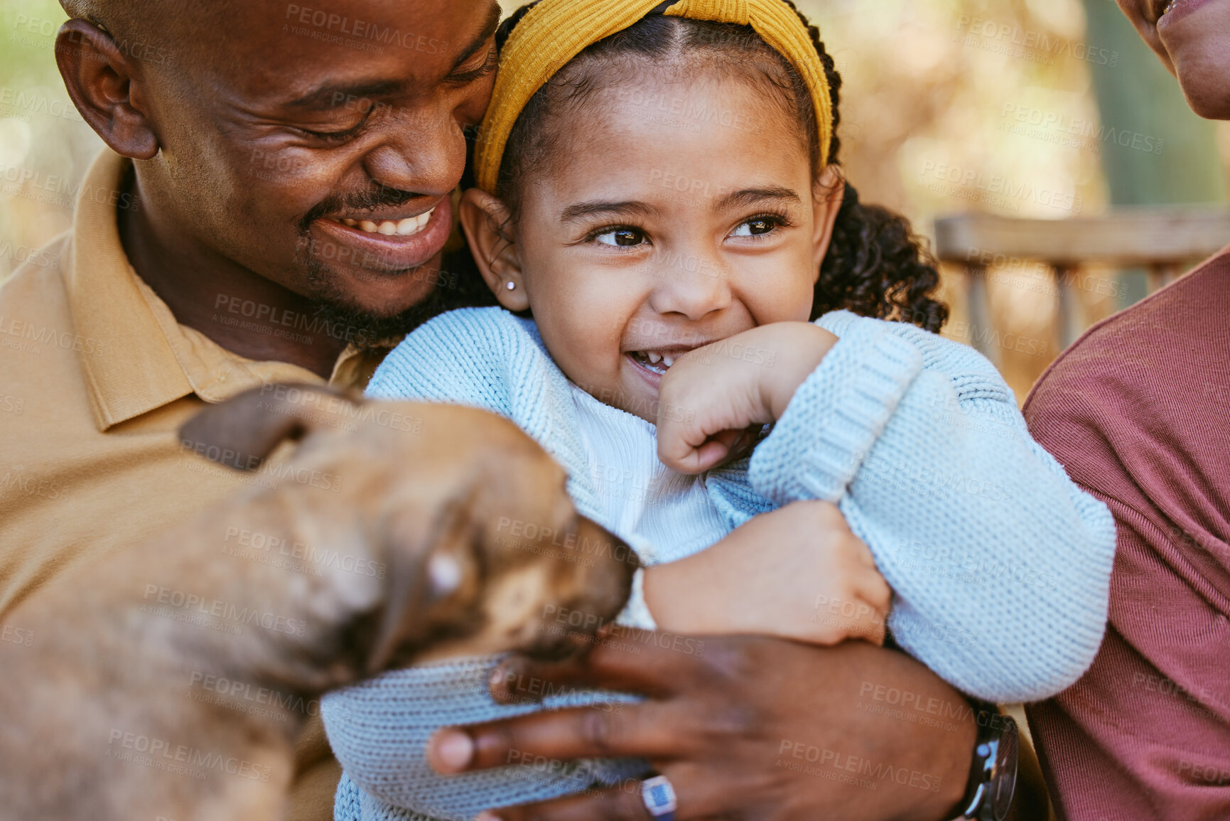 Buy stock photo Love, dog and happy family bond of child, father and mother having fun, playing and enjoy quality time peace together. Child care, life growth and black family of kid girl, parents and pet animal