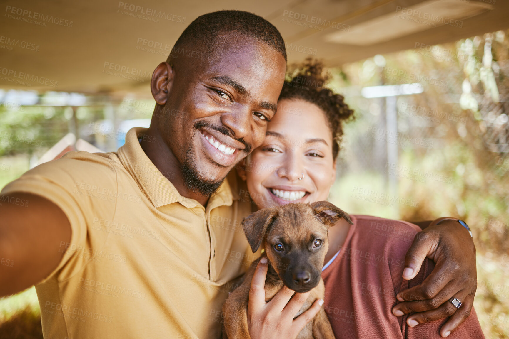 Buy stock photo Love, dog and selfie with a couple and their adopted pet posing for a picture together in their new home. Portrait, puppy and adoption with a man, woman and foster animal taking a photograph