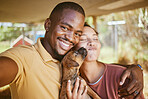 Phone selfie, dog and couple hug, have fun and enjoy bonding quality time together in forest cabin. Love, peace and romantic portrait of black man and woman happy with pet animal on nature vacation