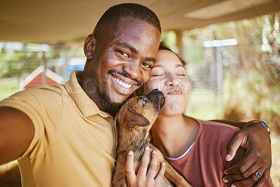 Buy stock photo Phone selfie, dog and couple hug, have fun and enjoy bonding quality time together in forest cabin. Love, peace and romantic portrait of black man and woman happy with pet animal on nature vacation