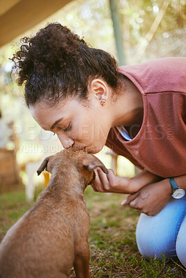 Buy stock photo Kiss, dog and adoption with a black woman at a rescue shelter looking for a foster animal to love or care for. Kissing, love and pet with a young female adopting a puppy from a shelter to rehome