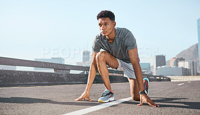 Buy stock photo Black man, city runner and start running training on road, outdoor cardio exercise and sprinting practice marathon workout run. Sprint athlete exercising, town street and ready to start summer race 
