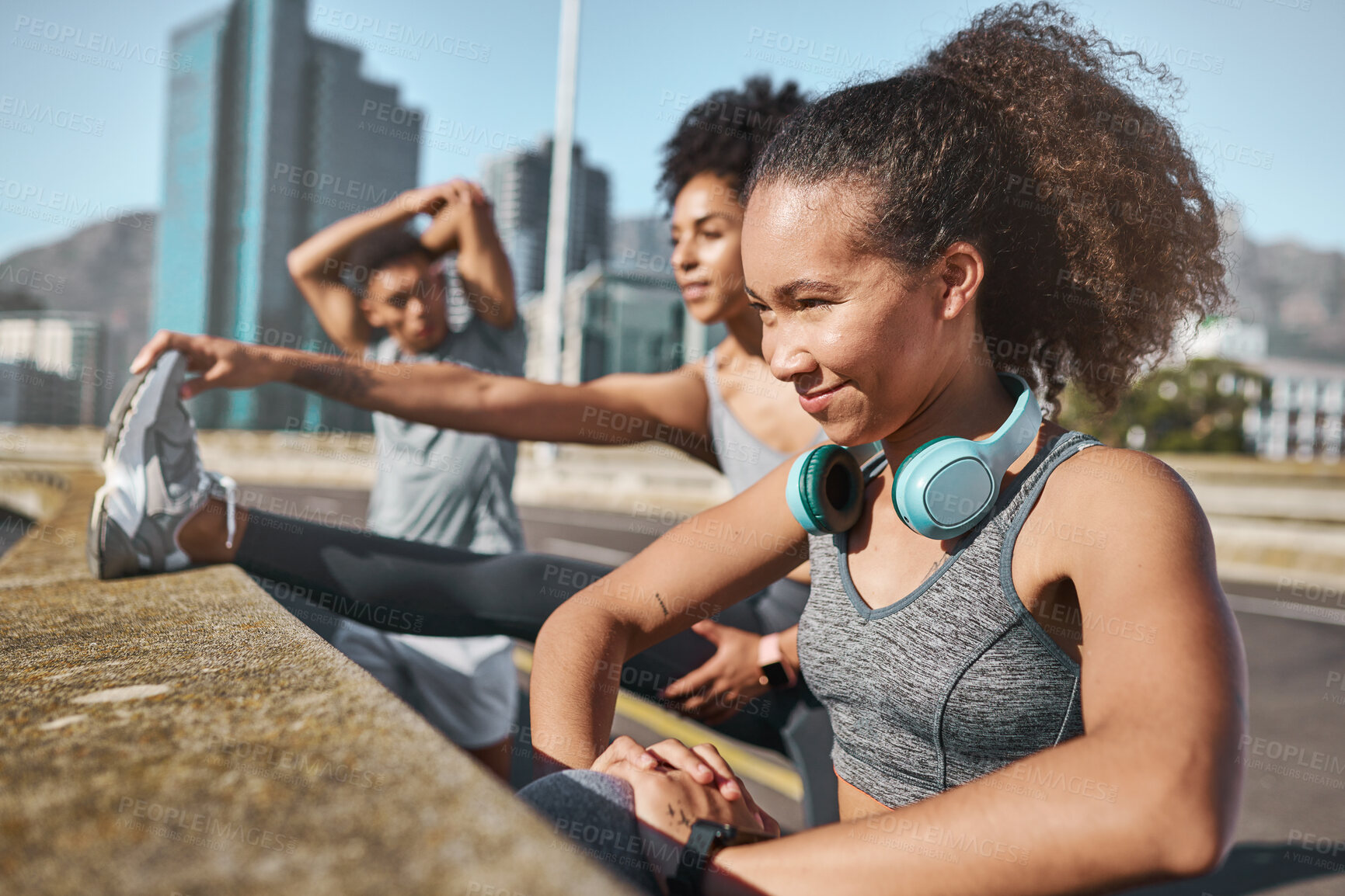 Buy stock photo Fitness, running and stretching with a woman group getting ready for a workout or training outdoor together. Health, wellness and exercise with female athlete friends warming up for a cardio run