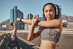 Fitness, city and people stretching with headphone music, podcast or streaming in Canada. Exercise, friends and black people getting ready for urban run workout together with arm stretch.