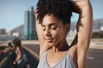 Fitness, stretching and black woman in city for workout, training or running outdoor with friends motivation. Warmup, exercise and sports runner people in urban street for training with calm peace