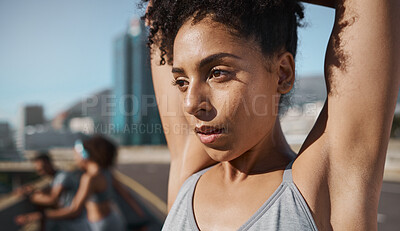 Buy stock photo Fitness, woman and stretching arm, training and exercise for health and wellness in the city with focus and motivation. Warmup, workout or healthy female  in urban town with strong body or commitment