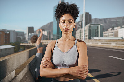 Fitness, proud and city black woman in portrait sweating for training challenge, workout goals and wellness motivation. Hard work, accountability and sports or runner woman exercise in urban street