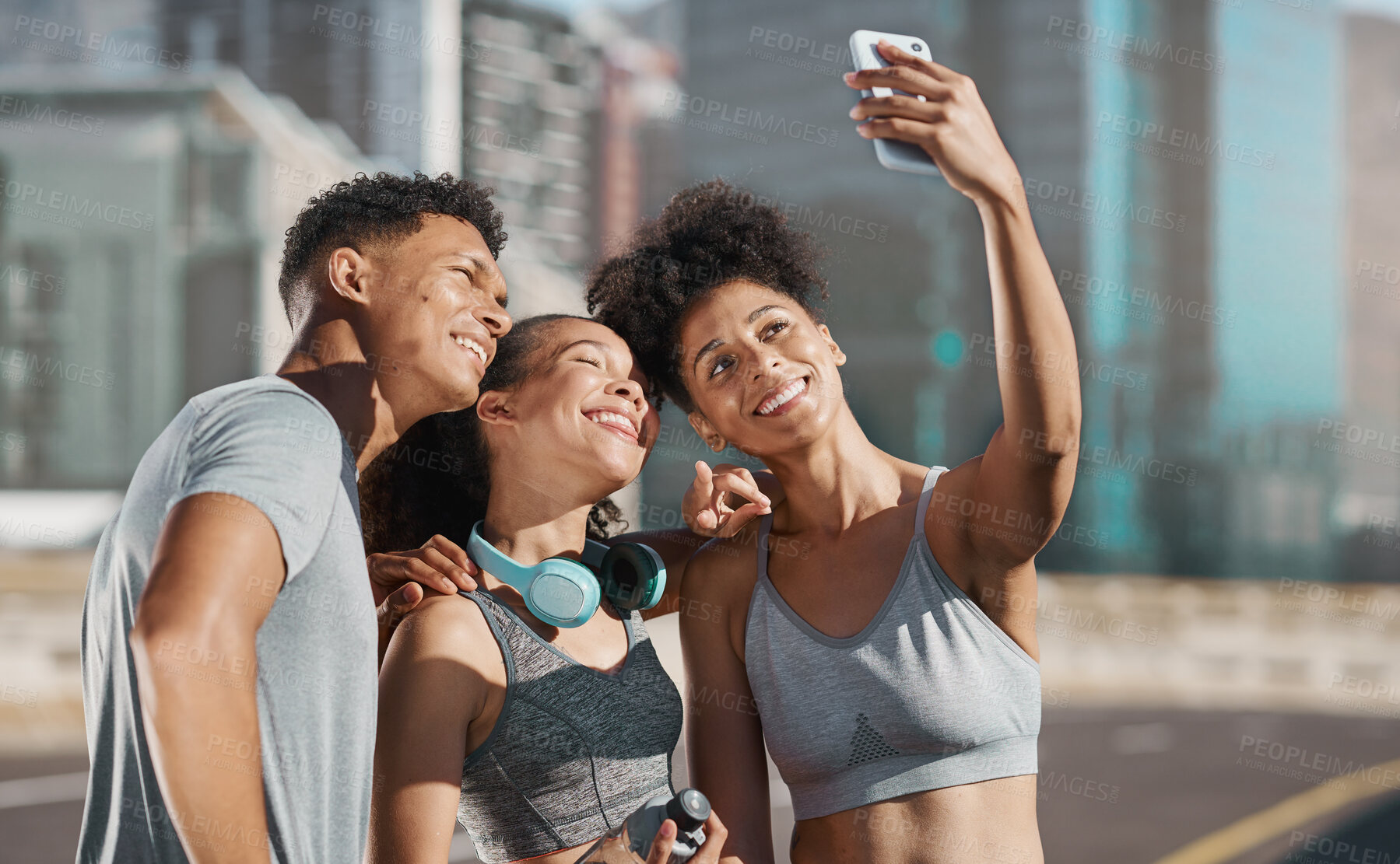 Buy stock photo Selfie, fitness and city people friends with smartphone for workout, training or exercise group motivation, social media networking and profile update. Sports runner group in cellphone photography