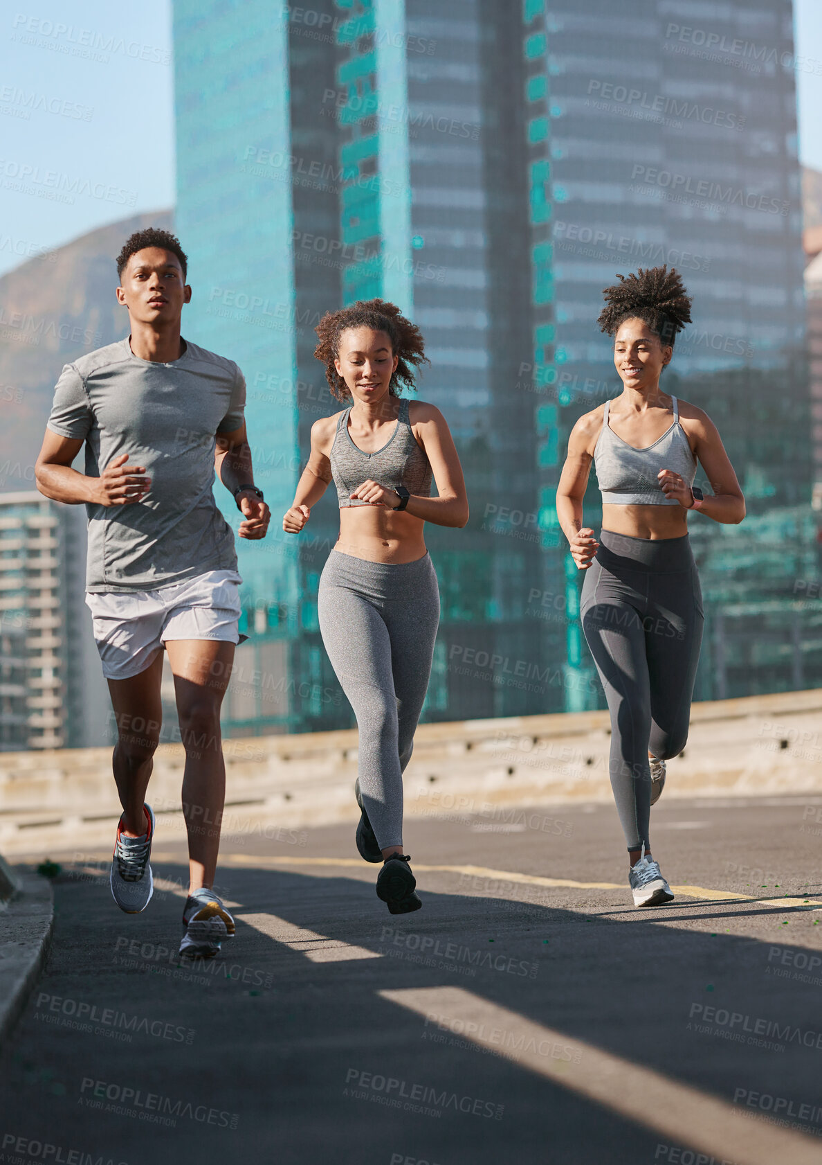 Buy stock photo Friends, running and exercise in city with training, workout and cardio for health and wellness in a street. Fitness, motivation and people run, practice and marathon with commitment for healthy body