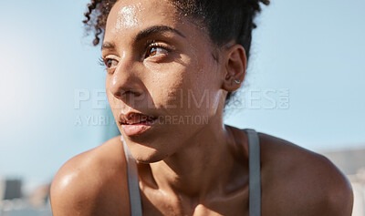 Buy stock photo Face, sweat and fitness with a sports black woman tired after a cardio workout for fitness in the city. Running, exhausted and sweating with a female athlete or runner resting after exercise in town