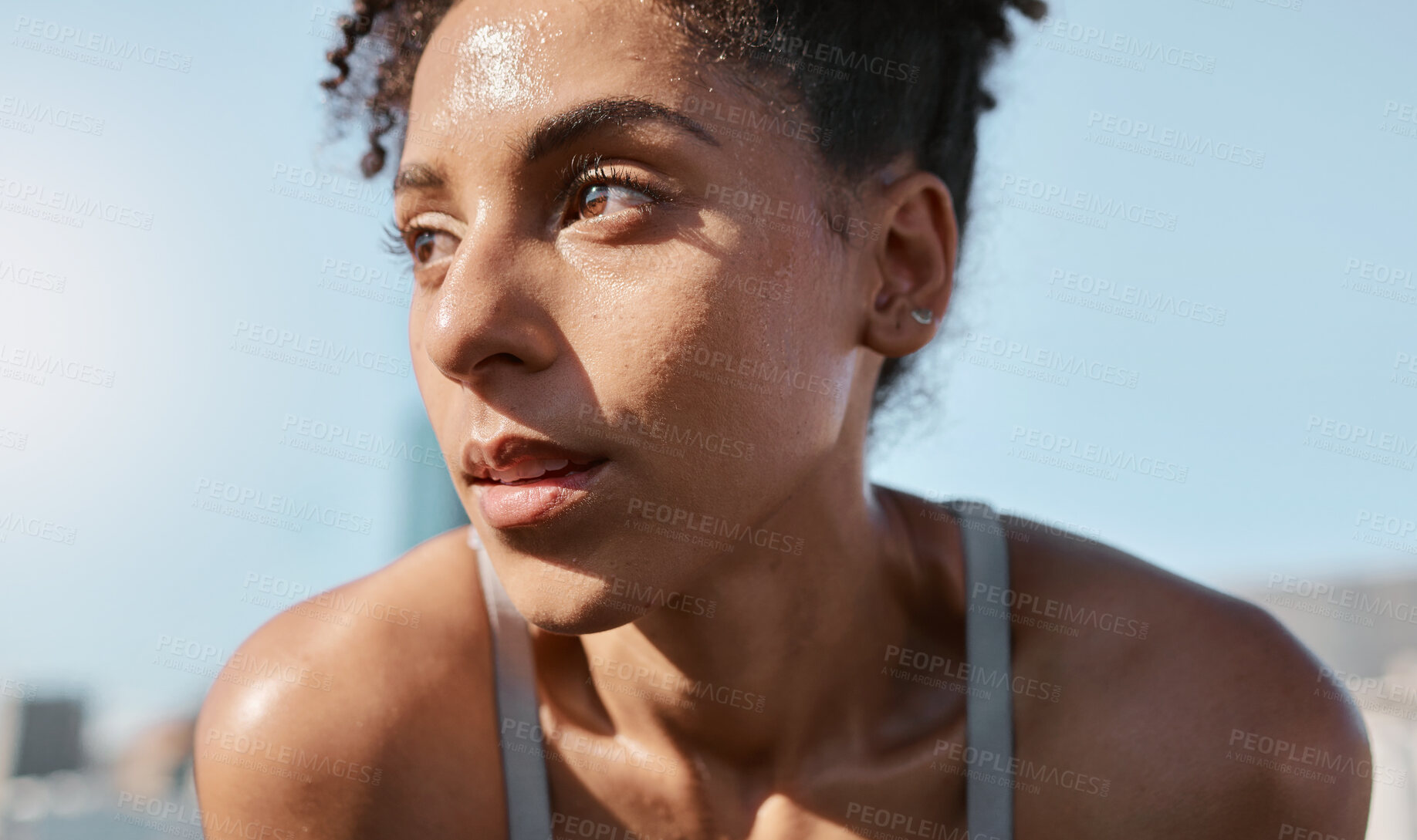 Buy stock photo Face, sweat and fitness with a sports black woman tired after a cardio workout for fitness in the city. Running, exhausted and sweating with a female athlete or runner resting after exercise in town