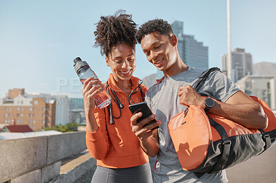 Smartphone, fitness and black people couple in city for workout training mobile app, social media and website information. Happy young sports, athlete or runner friends using phone in urban street