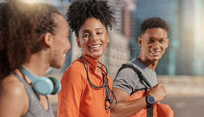 Buy stock photo Health, athlete and team after exercise, wellness and relax after workout, smile and outdoor. Healthy people, fitness or conversation for training, motivation or sports with break, practice and happy