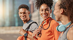 Man, women or fitness team in city workout, training and exercise for health goals, wellness target and team building. Smile, happy and sports friends or people with music headphones or skipping rope