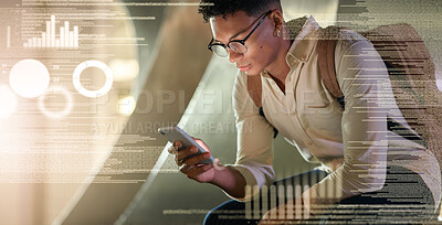 Buy stock photo Futuristic man, data hologram and phone information of a black man looking at mobile software. Analytics information, big data and cyber security research of a digital it student hacker coding