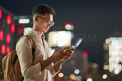 Buy stock photo City night lights, man with phone, technology and futuristic communication online with bokeh. Social media, urban life and young hipster typing on smartphone with 5g connection on online digital app.