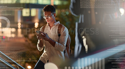 Buy stock photo Hologram, phone and man texting in a city at night, social media and web browsing with digital overlay. Double exposure, guy and social network in town, internet and transformation in communication