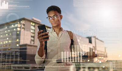 Buy stock photo Hologram, man and futuristic phone communication with travel technology, trendy and edgy outdoor. Digital connection, future innovation and male with online research, connect and smartphone in city.
