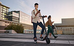 Scooter, man with smartphone and sustainable city travel, environmentally friendly vehicle and college commute sustainability. University student, town at night and watching social media on cellphone