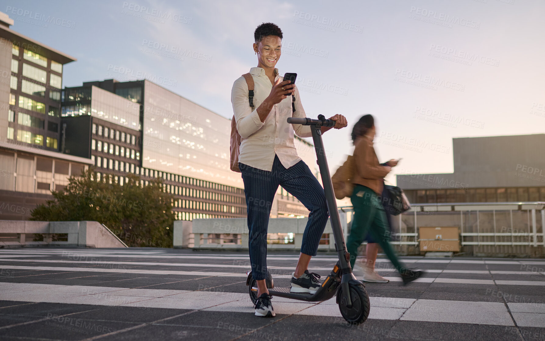 Buy stock photo Scooter, man with smartphone and sustainable city travel, eco friendly transport and college commute sustainability. University student, town at night and social media on phone with electric scooter 