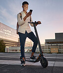 Businessman, electric scooter or phone at city travel sunset by New York buildings on location map. Happy smile, designer or escooter transport, environment and carbon footprint transport with mobile
