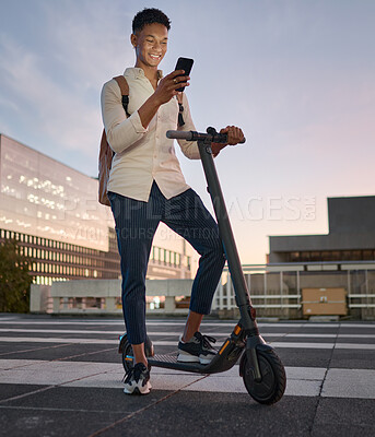 Buy stock photo Businessman, electric scooter or phone at city travel sunset by New York buildings on location map. Happy smile, designer or escooter transport, environment and carbon footprint transport with mobile