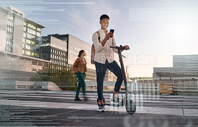 Buy stock photo Hologram, man and phone for travel, futuristic communication and trendy technology for commute with scooter. Digital connection, male and search online for innovation and social media on smartphone.