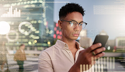 Buy stock photo Phone, city and data with a business black man using his mobile to manage information in the digital world. Finance, software and programming with a male developer using 5g mobile technology in town
