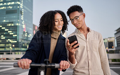 Buy stock photo Couple, friends or students in city with phone travel for communication, networking or social media. Electric scooter, happy or black woman and man on smartphone for 5g network, contact us or app