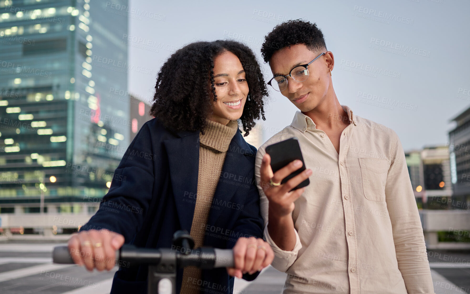 Buy stock photo Couple, friends or students in city with phone travel for communication, networking or social media. Electric scooter, happy or black woman and man on smartphone for 5g network, contact us or app