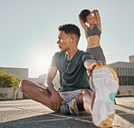 Fitness, couple and stretching in the city for exercise, workout or healthy cardio training warm up in the outdoors. Man and woman in morning stretch together in a urban town for health and wellness