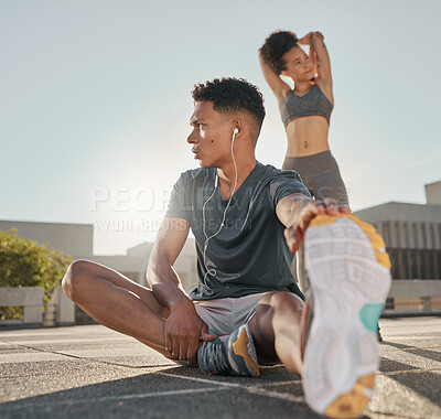 Buy stock photo Fitness, couple and stretching in the city for exercise, workout or healthy cardio training warm up in the outdoors. Man and woman in morning stretch together in a urban town for health and wellness