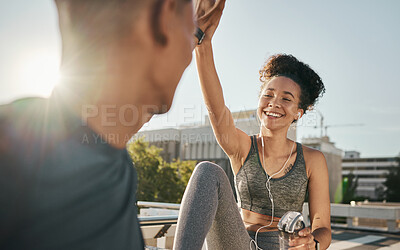 Buy stock photo Fitness, success and couple high five after training in a city, happy and relax after morning cardio with mockup. Personal trainer, black woman and hands in support of well done, motivation and goal