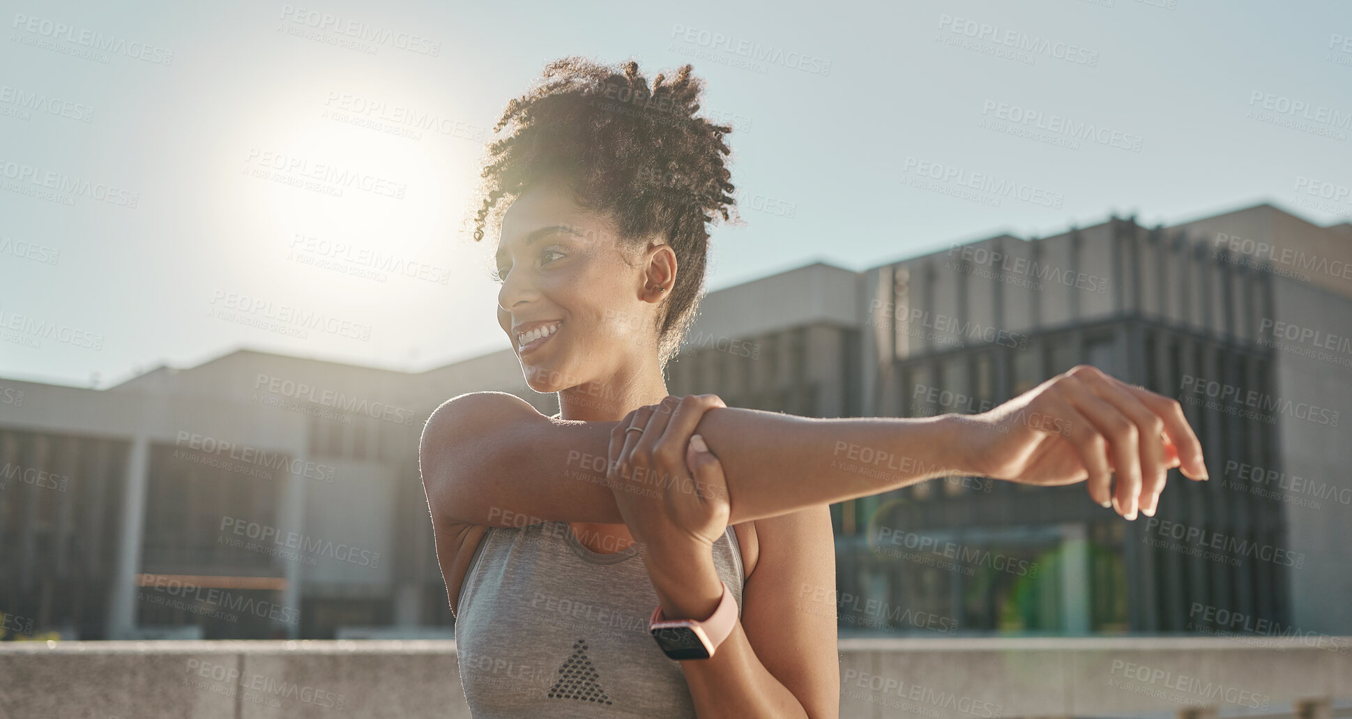 Buy stock photo Happy, fitness and stretching with a healthy woman ready for training outdoor during summer. Smile, health and exercise with a young female athlete going through her warmup routine for workout
