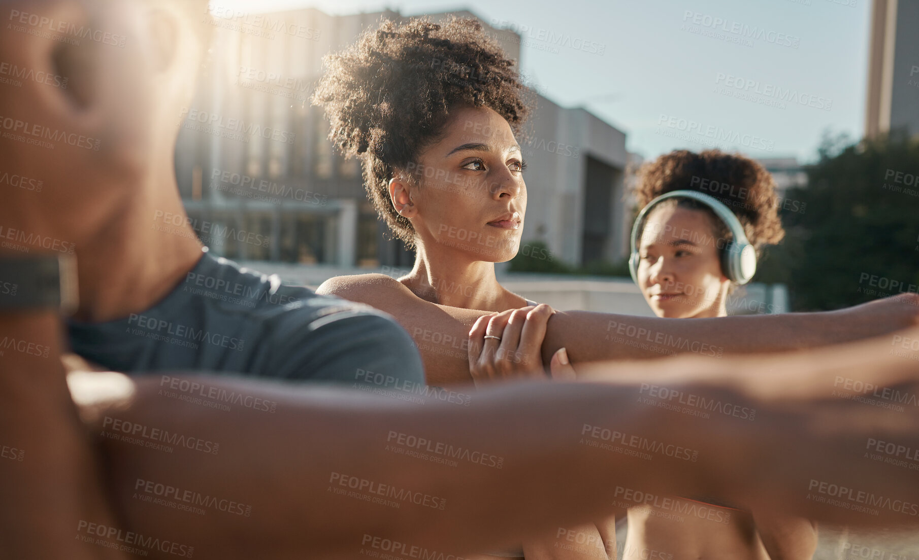 Buy stock photo City, diversity and outdoor group workout, running club stretching before morning run in city street. Fitness, friends and urban exercise in summer, healthy lifestyle with training mindset together.