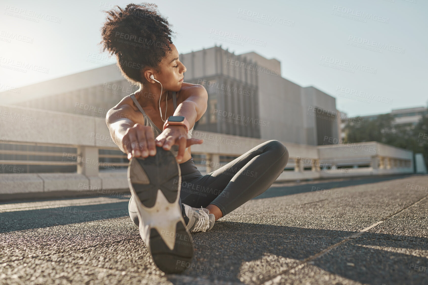 Buy stock photo Fitness, city and woman stretching her legs in the street before a cardio workout, running or training. Sports, health and lady doing a warm up stretch for an outdoor exercise in the urban town road.