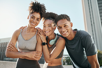 Buy stock photo Fitness, support and friends training in the city with a goal, mission and smile. Happy, exercise and portrait of group of health black people with pride, solidarity and motivation for sports