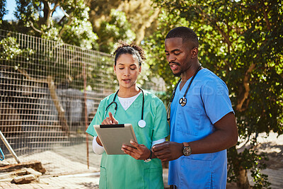 Buy stock photo Doctors, tablet or diversity healthcare vet consulting for teamwork, medical or planning innovation research strategy in zoo. Medicine, insurance or nurse working on tech, data analysis or review
