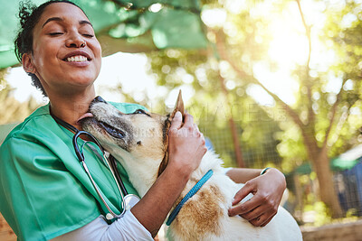 Buy stock photo Vet, happy and nurse with a dog in nature doing medical healthcare checkup and charity work for homeless animals. Smile, doctor or veterinarian loves nursing, working or helping dogs, puppy and pets
