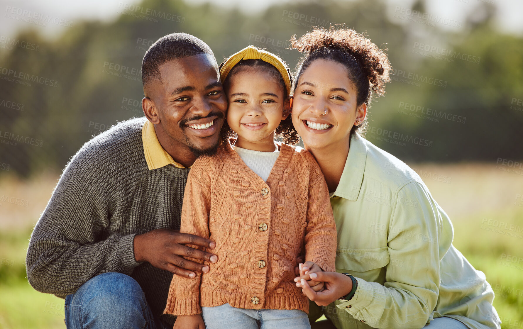 Buy stock photo Black family, child and bonding in nature park, sustainability garden environment and countryside grass field in trust, love and support. Portrait, smile and happy black woman, man and girl in summer