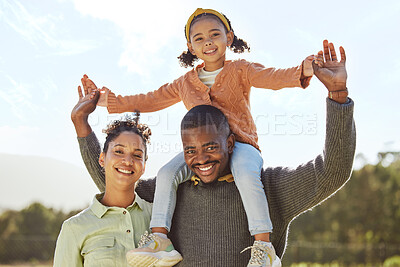 Buy stock photo Parents, kids and black family portrait in park, garden and sunshine for happiness, love and quality time together. Happy family with mom, dad and excited girl child having fun, relaxing and freedom 