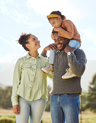 Buy stock photo Parents, kids and happy family in park, garden and sunshine field outdoors for bonding, love and quality time together. Mom, dad and girl child of black family having fun, relax and care in nature 